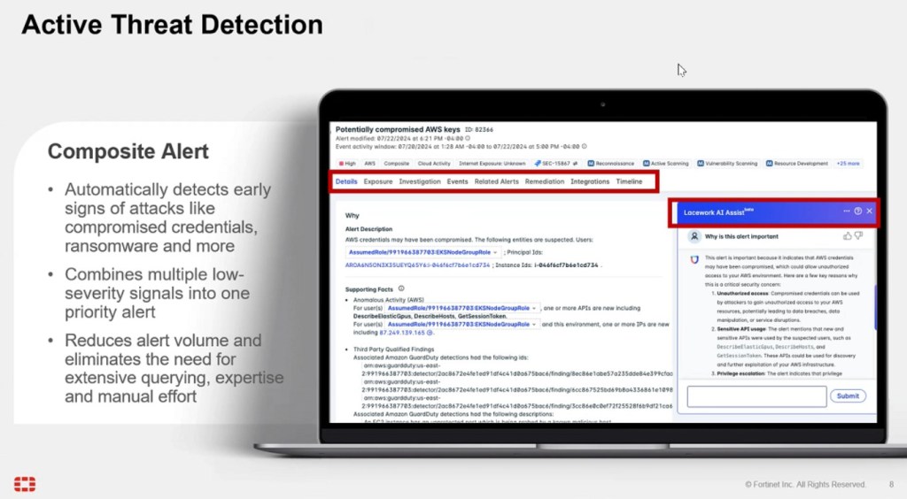 Fortinet CNAPP dashboard displaying a composite alert for potentially compromised AWS credentials, with AI assistant explanation and remediation guidance.
